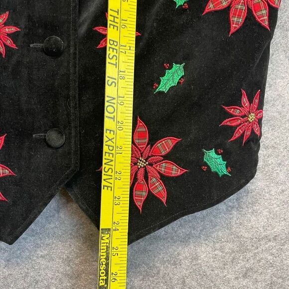 KAREN SCOTT Vest Womens Medium Black Red Poinsettia Christmas Velvet Embroidered - Picture 7 of 16